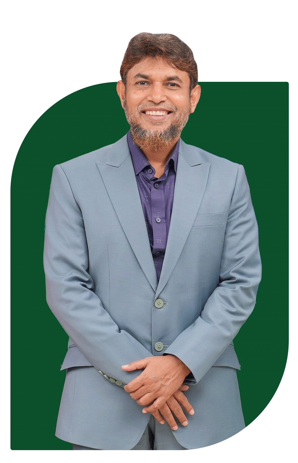 Professional portrait of a smiling male health and lifestyle consultant wearing a light blue suit