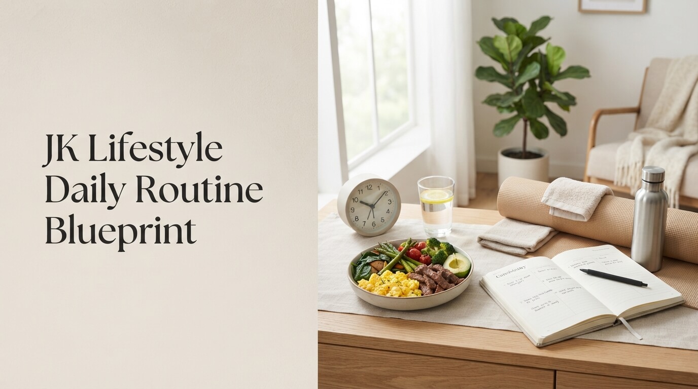 Daily routine wellness setup with healthy habits, nutrition, sleep and lifestyle planning elements.