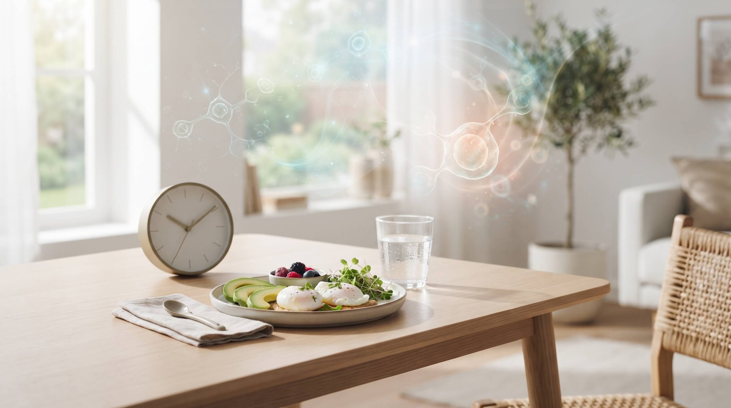 Healthy breakfast meal with water and morning wellness setup representing fasting and healthy lifestyle habits.